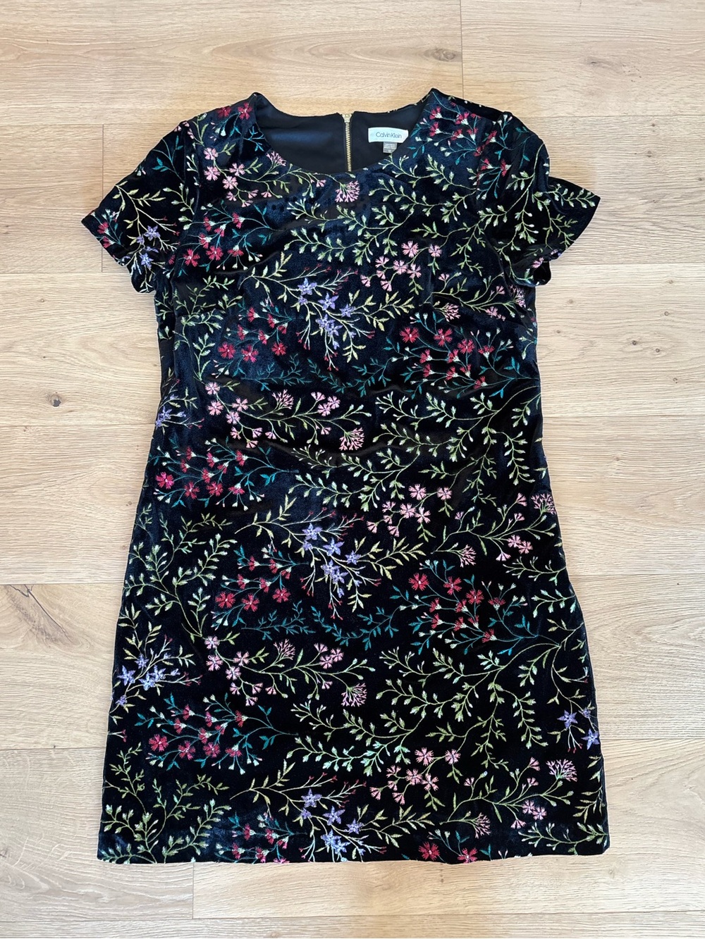 Calvin Klein Black Velvet Embroidered Floral Mini Dress, Multicolored, 12